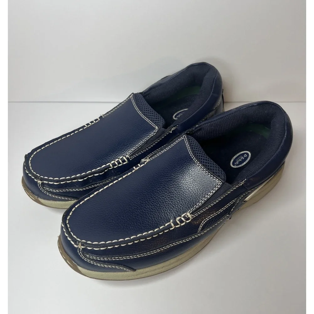 Dr Scholls Navy Blue Leather Slip On Loafers Mens 9 3E Wide Boat Shoes 42J-03
